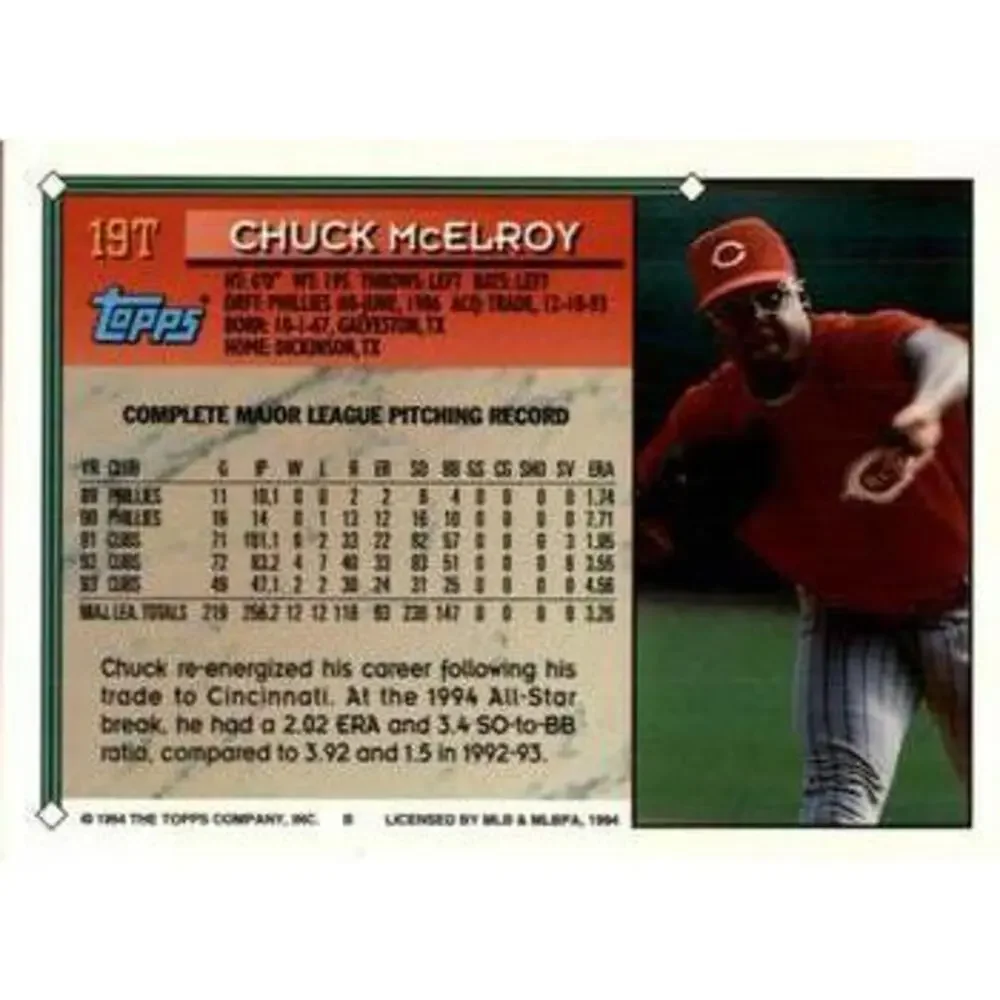 1994 Topps Traded Chuck McElroy 19T Cincinnati Reds